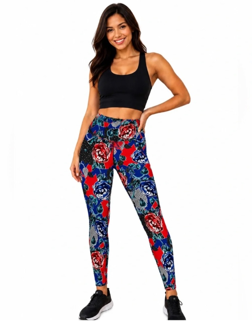 Betsy Johnson Performance Red & Blue Abstract Floral Athlete 22” Inseam Leggings